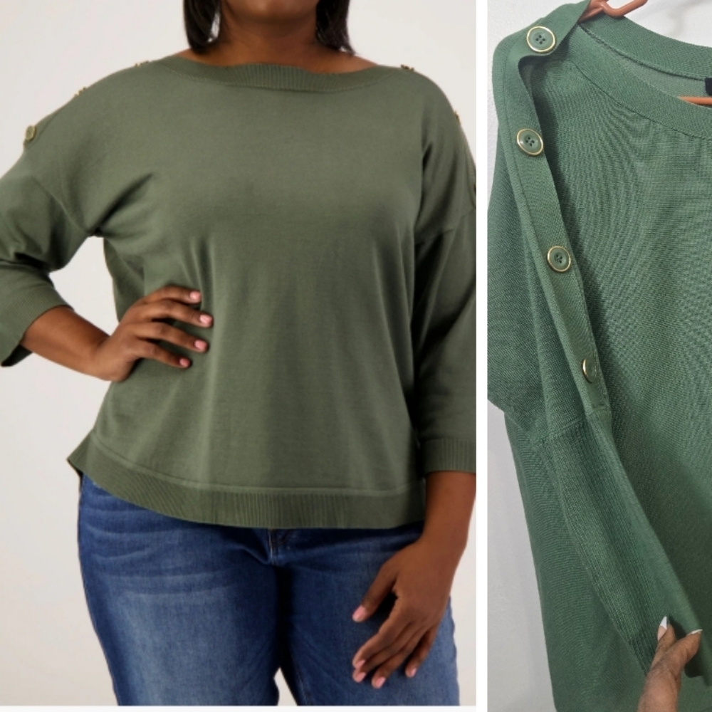 Cable & Gauge Olive Green Button-Detail Rayon Blend Soft Top